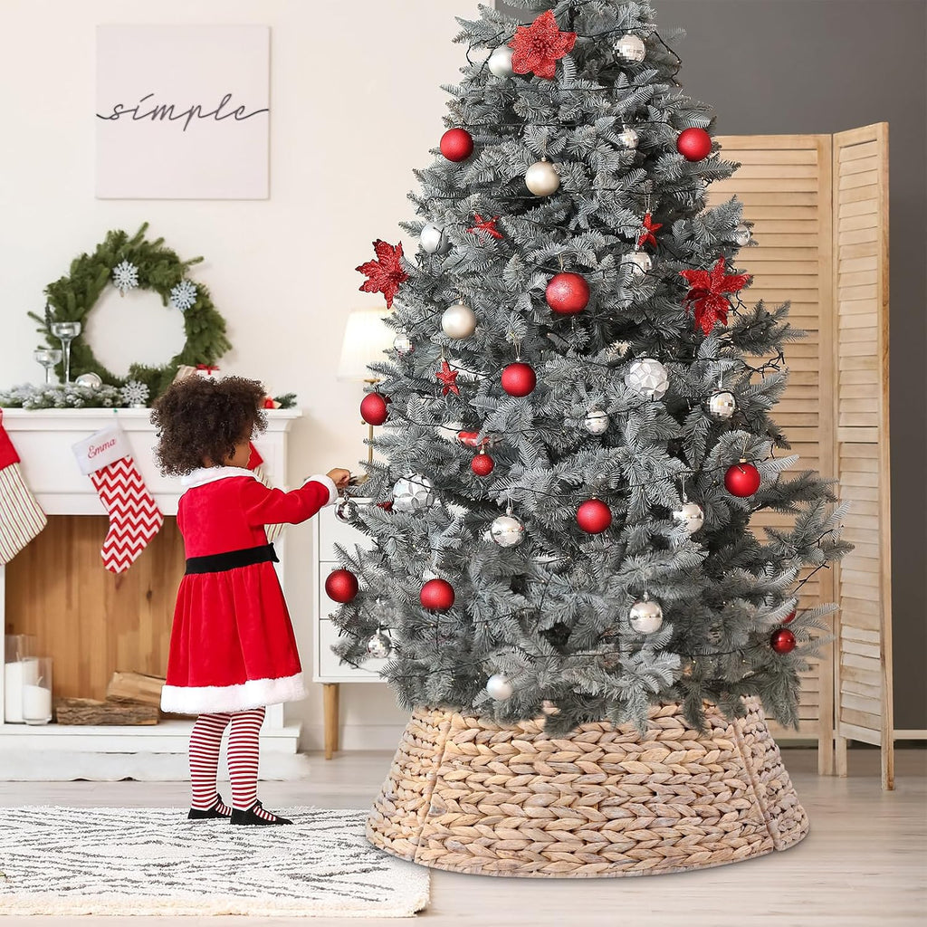 Christmas Tree Collar Woven Wicker Farmhouse Rustic Tree Skirt Basket Ring for Christmas Decorations(White,24 Inches)
