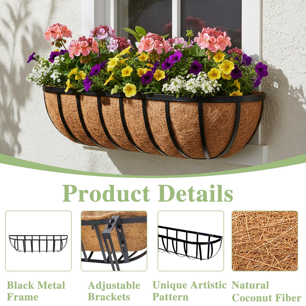 24 Inch Railing Planter Window Box Deck Balcony Rail Planter with Coco Liner Metal Wall-Mounted Coconut Liner Planter