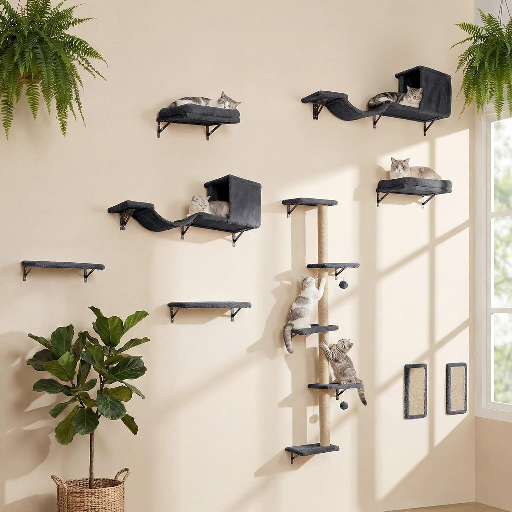 Cat Wall Shelves, 5-in-1 Cat Wall Furniture Set, Grey