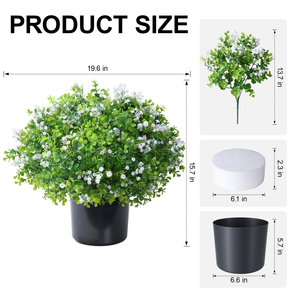 Fake Plants Artificial Flowers for Outdoors Decor, 2 Pack Fake Potted Plants Baby Breath With Green Eucalyptus Look