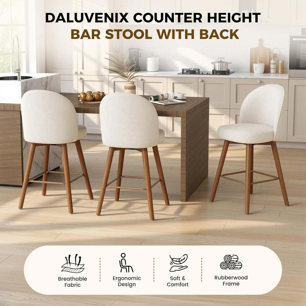 Modern Swivel Bar Stools Set of 2, Chic Upholstered Counter Height（26IN） Bar Chair with Back, Solid Wood Legs