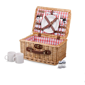 Catalina Picnic Basket for 2 - Wicker Picnic Basket with Picnic Set, (Red & White Plaid Pattern)