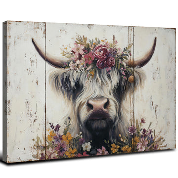 Farmhouse Cow Wall Art Kitchen Pictures Wall Decor Cute Highland Cow with Floral Crown Country Flurry Animal Painting