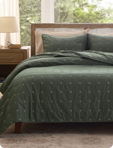 PureWoven 100% Cotton Quilt Set, Embroidery, Olive Sage