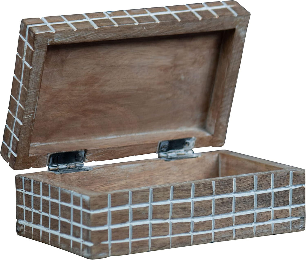Handcarved Plaid 6x4 Lidded Decorative Wood Storage Box FDDD10102, Natural