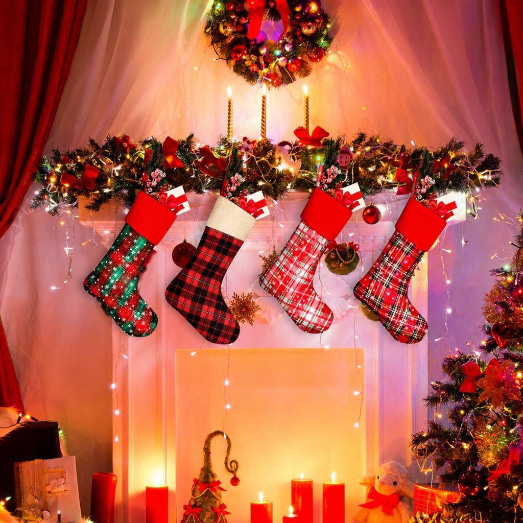 4 Pack Buffalo Plaid Christmas Stocking, 20 Inch Large Burlap Snowflake Christmas Stockings, Fireplace Hanging