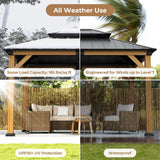 10' X 12' Wood Gazebo Hardtop Outdoor Permanent Pavilion with Double Galvanized Steel Roof Snow Support