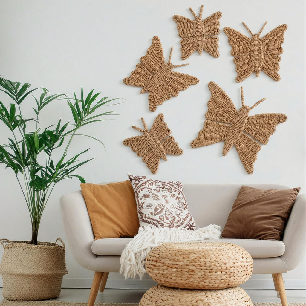 5 Pcs Butterfly Wicker Wall Decor 3 Size Spring Natural Rattan Decor Boho Wall Art Rustic Cottagecore Hanging