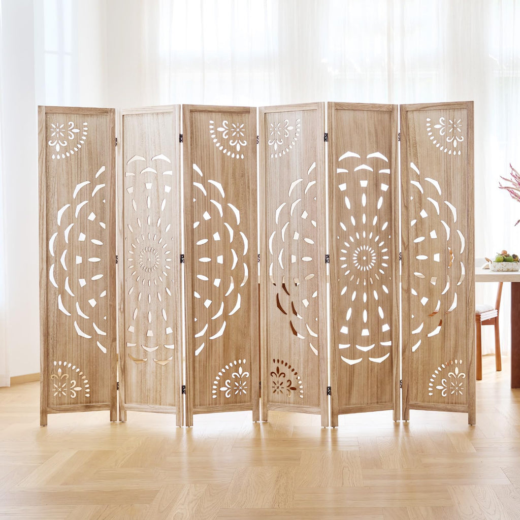 66.9Inch Wooden Room Partition - 6 Panels Boho-Styled Space Room Divider /Office, Headboard & Yoga/Photo/Video Call