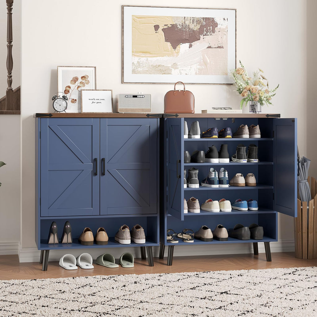 34" Tall Farmhouse Shoe Storage Cabinet with Barn Doors, Navy Blue