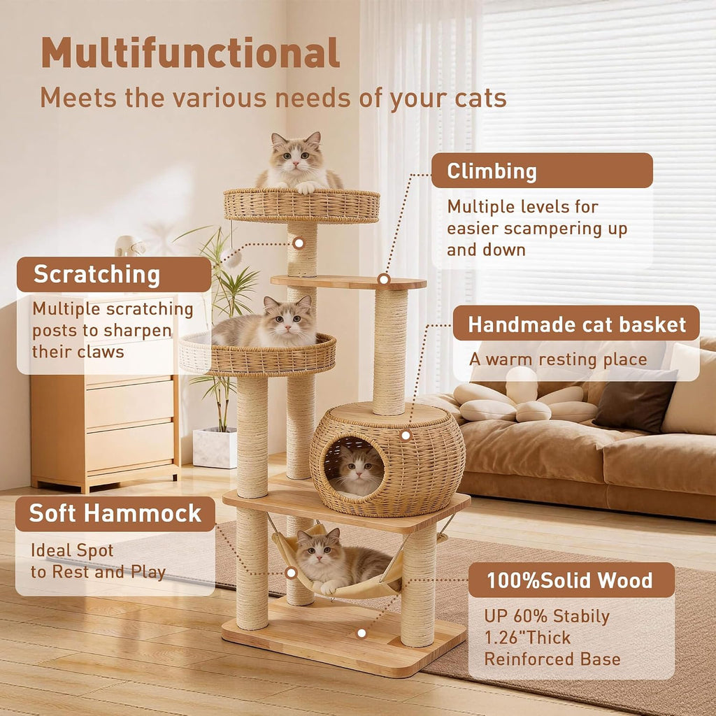 Wooden Cat Tree for Large Indoor Cats, 55in Modern Tall Cat Tower