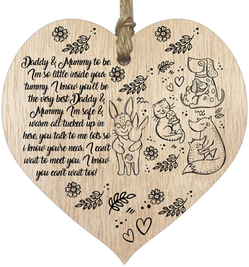 Mum & Dad to Be Gifts Hanging Wooden Heart Sign Plaque for Mummy Daddy - Light Wood Hearts, Parents to be Gifts