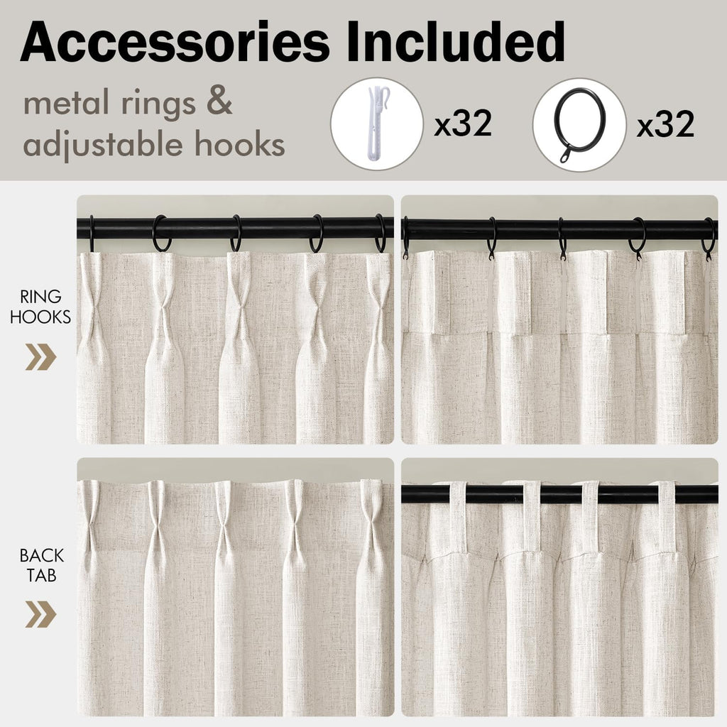 4 Panels Set Pinch Pleated Linen Curtains 90 Inches Long for Living Room Bedroom, Thick Linen Textured Memory Trained