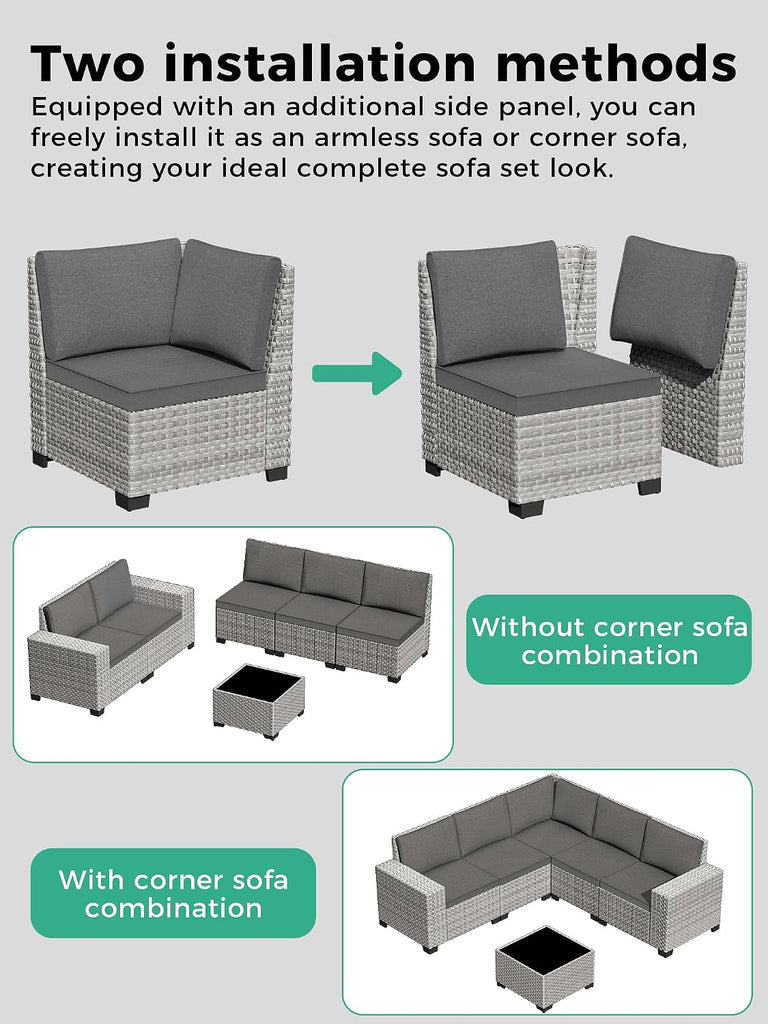 6 Piece Outdoor Sectional Sofa Set, 5-Seats Wicker Patio Furniture Set with 4" Thickened Cushions & Coffee Table