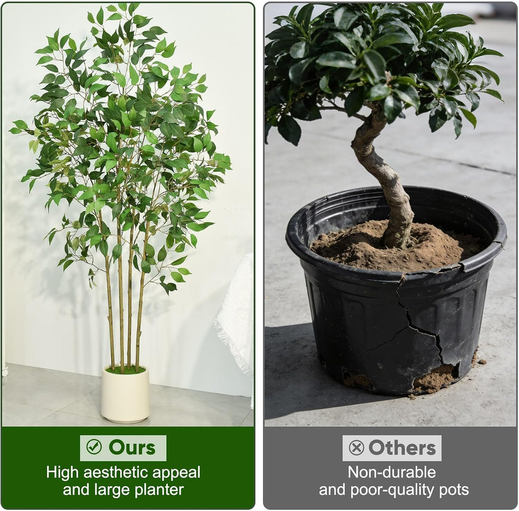 Ficus Tree Artificial 6 FT Tall Faux Plants Indoor Fake Tree with White Tall Planter, Artificial Plants Indoor Faux