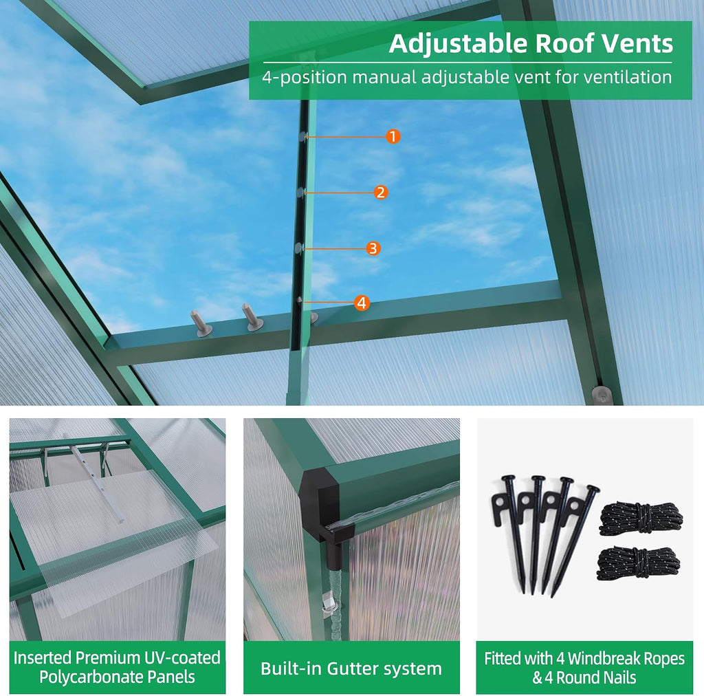 6x10FT Walk-in Polycarbonate Greenhouse Kit, Heavy Duty Aluminum Alloy Frame Green House with Ventilation & Drainage