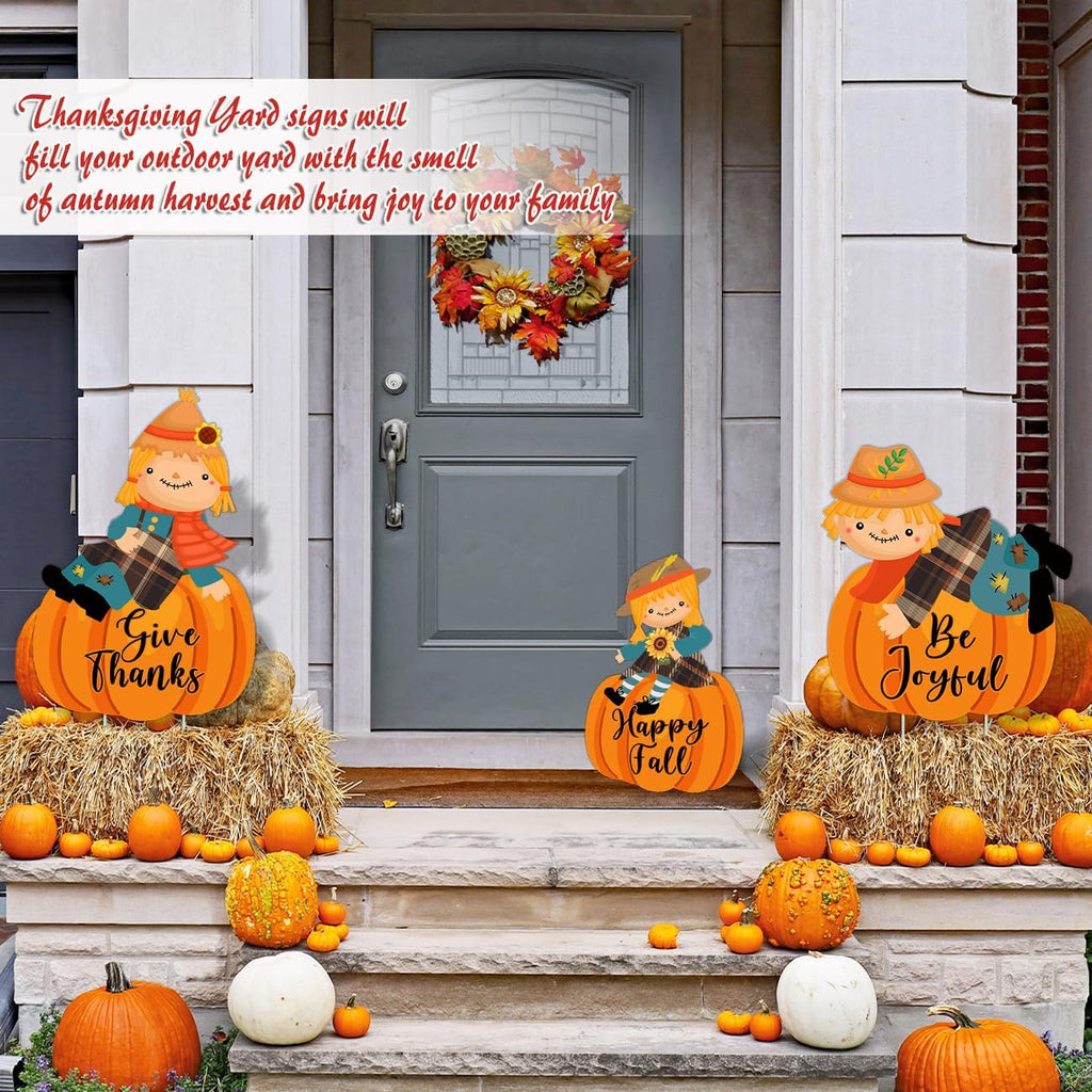 Fall Yard Signs Decorations Thanksgiving Pumpkin Yard Stakes Outdoor - Set of 3