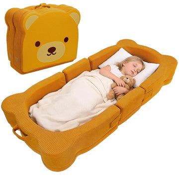 Toddler Travel Bed, Portable&Foldable Toddlers Floor Beds, Bear Style Soft Foam Crib for Baby and Kid, Washable Cover
