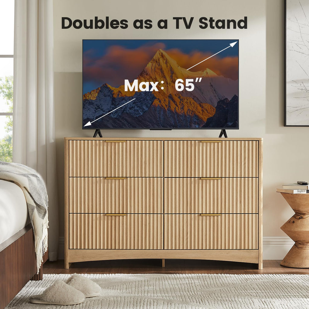 Fluted 6 Drawer Dresser, Modern Wood Chest of Drawers, Natural Oak