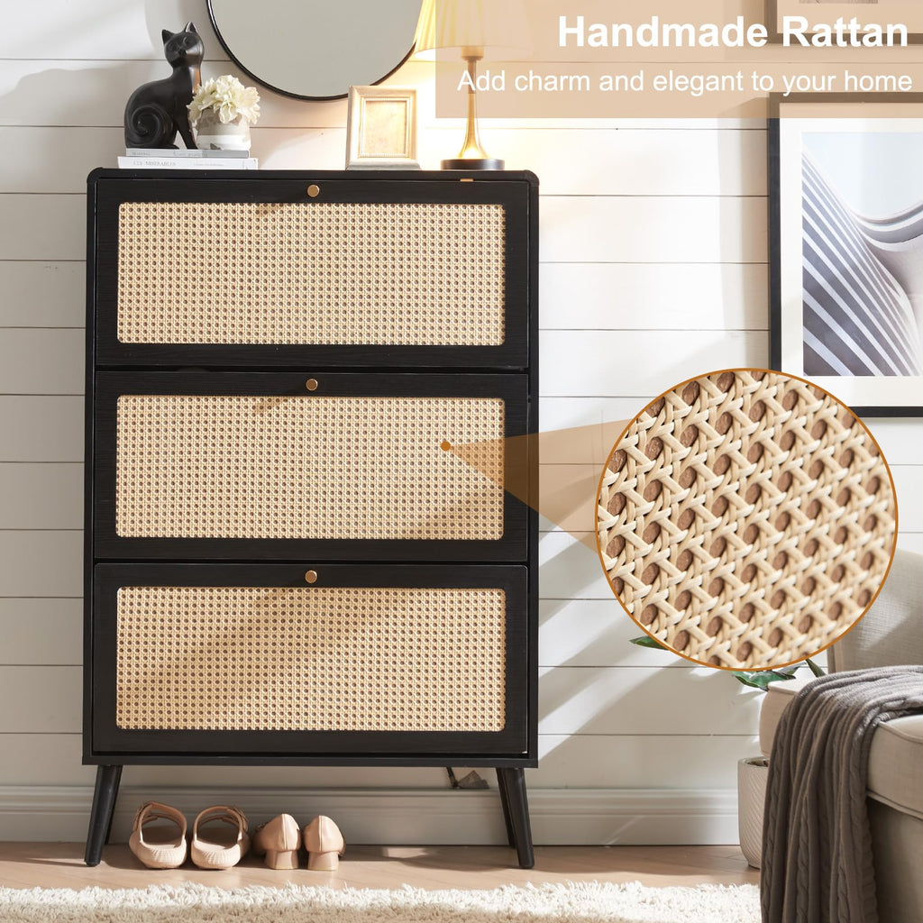 Rattan Shoe Cabinet with 3 Flip Drawers, Black Slim Shoe Storage