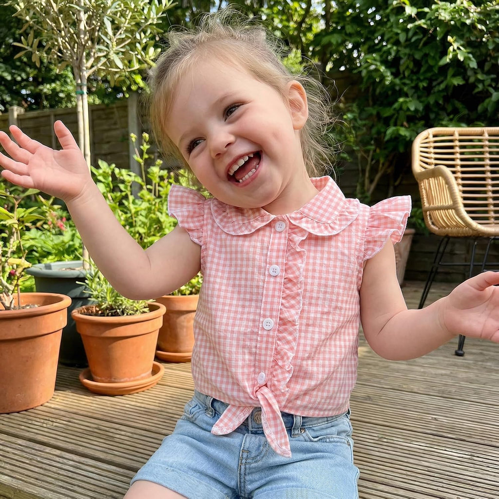 Toddler Girl Button Down Shirt Tie Knot Shirt Plaid Blouse Sleeveless Ruffle Tops Kids Baby Summer Clothes
