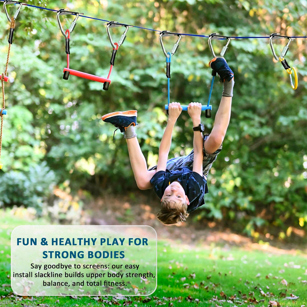 Warrior Obstacle Course for Kids - 2 * 56FT Slackline Kit with 8 Obstacles | Upgraded Quick-Install Buckles (No
