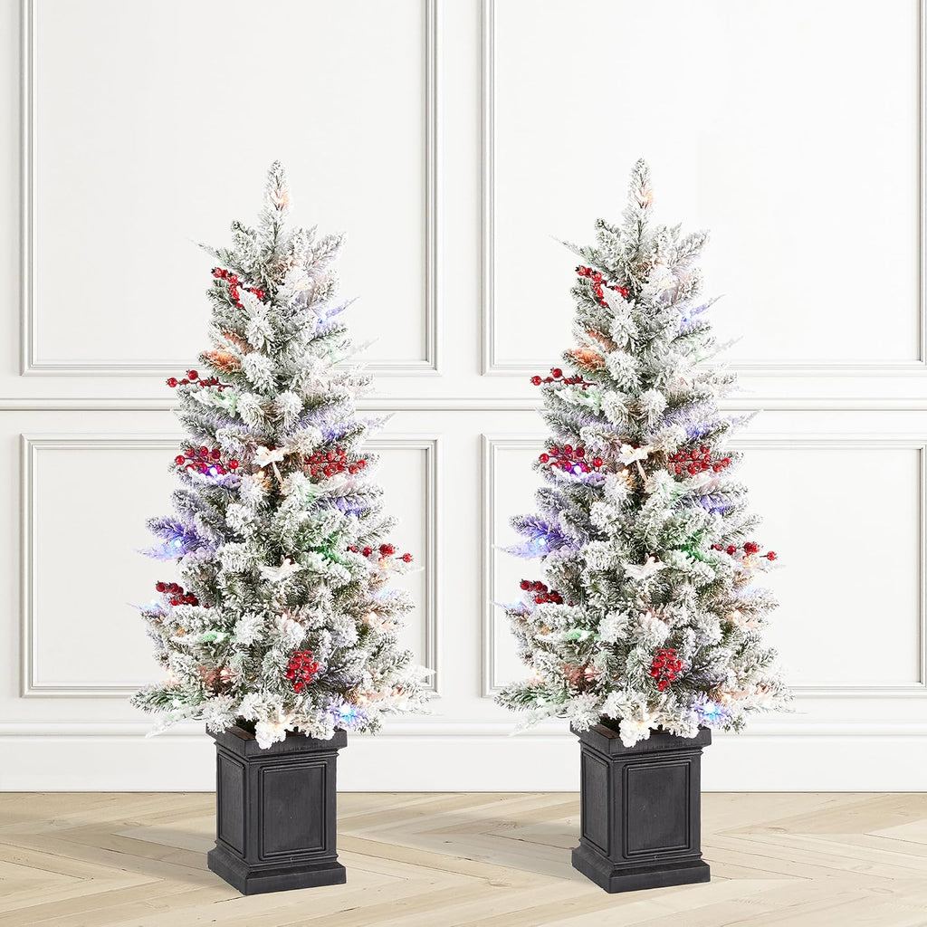 4ft Prelit Christmas Tree Set of 2, Flocked Artificial Christmas Porch Tree with Red Berries and 60 Warm