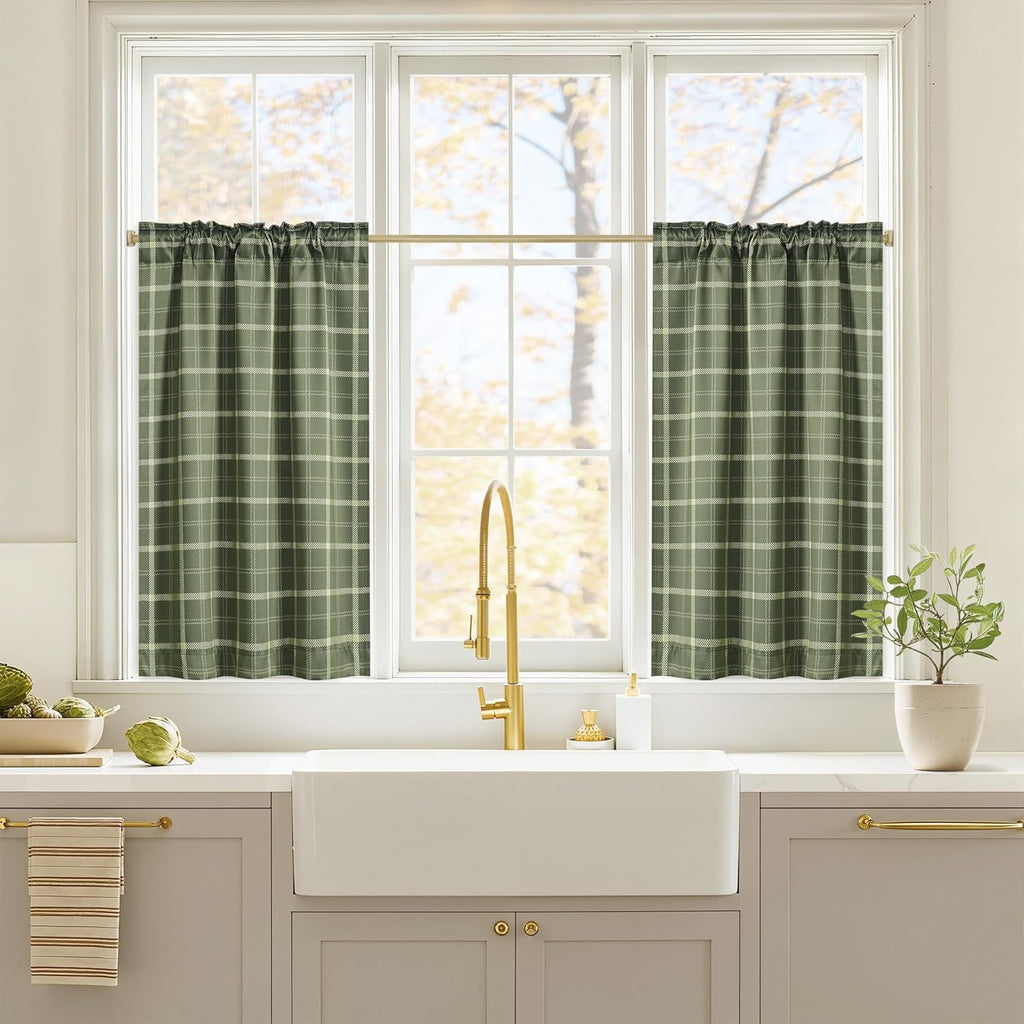 Olive Green Farmhouse Gingham Tiers Kitchen 100% Blackout Curtains 36 Inches Long, Buffalo Plaid Check Half Window
