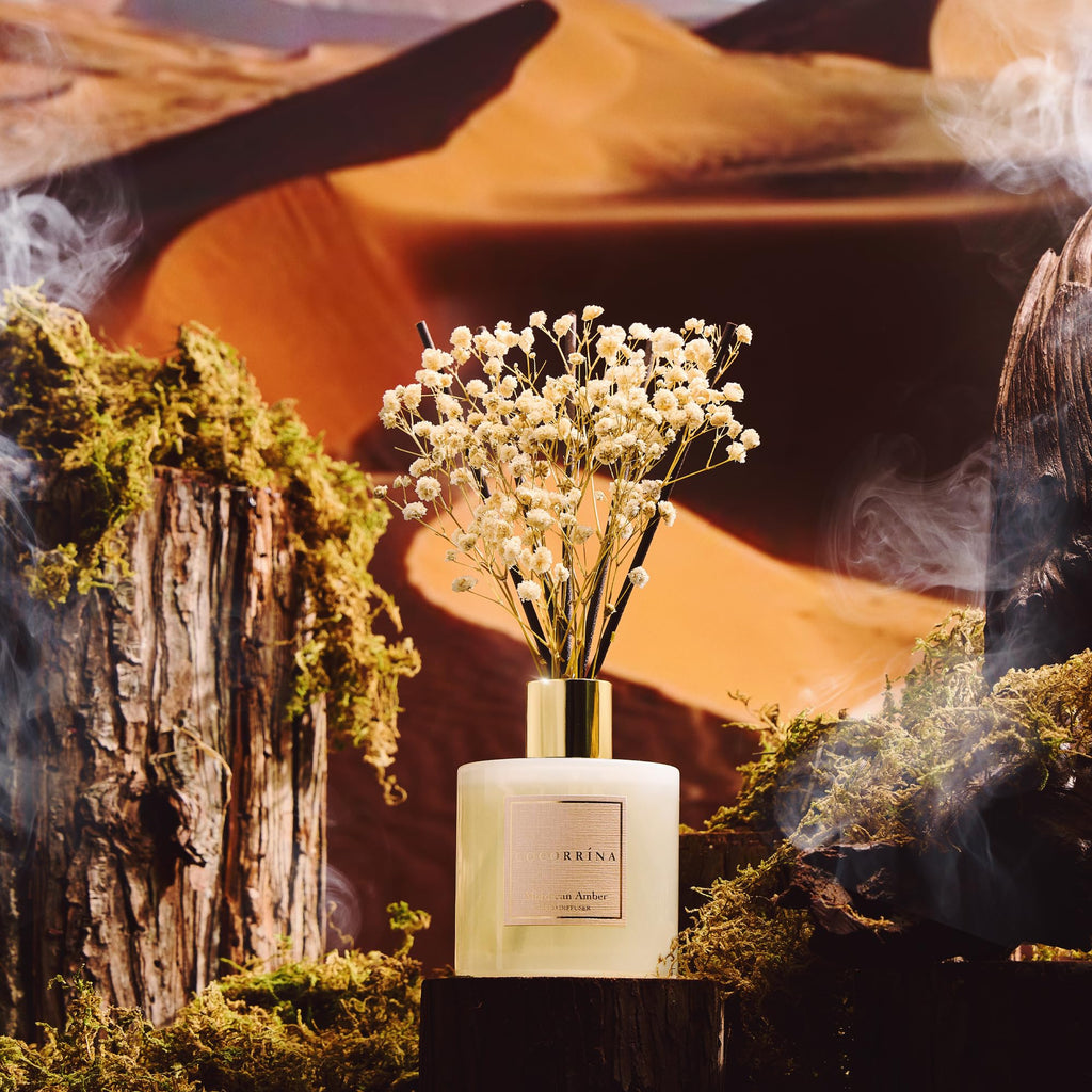 Reed Diffuser - Moroccan Amber 6.7 Fl.oz Reed Diffuser Set with Sticks & Preserved Baby's Breath, Reed Diffuser