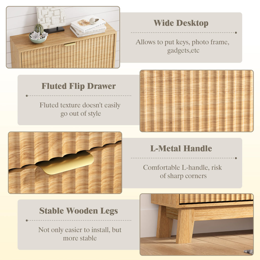 Shoe Cabinet Storage with 2 Flip Drawers, Fluted Narrow Shoe Organizer with Wooden Legs, Freestanding Slim Shoe