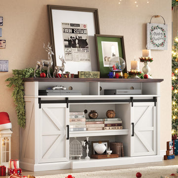66" Farmhouse TV Stand for 75" TVs with Adjustable Shelves, White