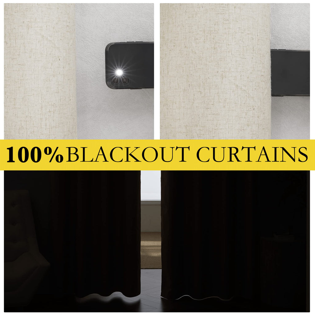 Natural Linen 100% Blackout Curtains 120 inches Length 2 Panels Set with Thermal Insulated Liners, 52" Width