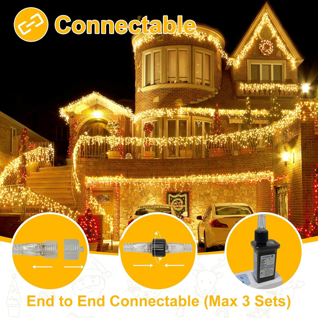 624 LED Warm White Icicle Christmas Lights, 58.8FT, Remote, Timer, 8 Modes