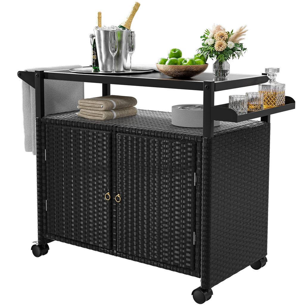 Outdoor Bar Table, Wicker Bar Cart with Cabinet, Patio Serving Cart with Tempered Glass Top, Lockable Wheels, Rounded