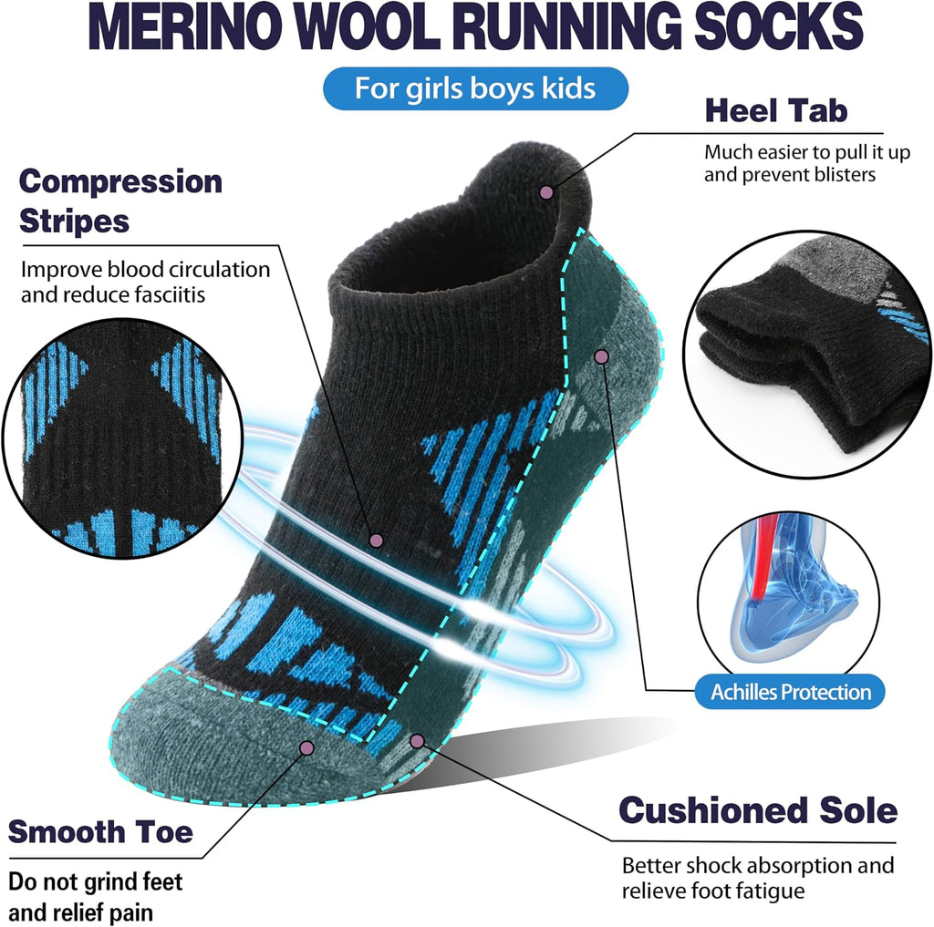 Kids Merino Wool Ankle Hiking Athletic Running Socks Girls Boys Teens Thermal Winter Cozy Warm Thick No Show Socks 6