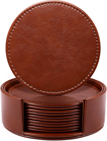 Leather Coasters for Drinks, 4" Drink Coasters with Holder for Tabletop Protection, Handmade Luxurious Home - Set of 6
