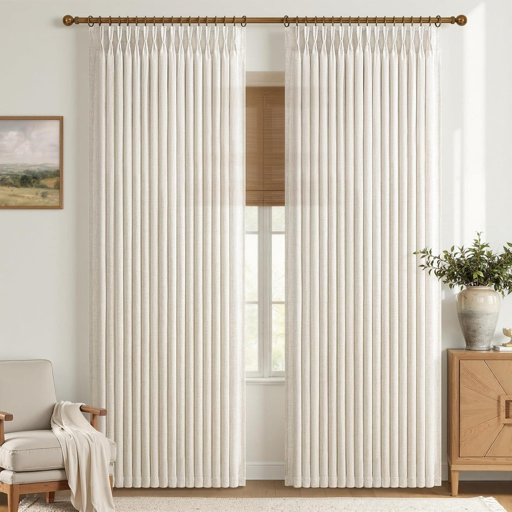 Pinch Pleated Linen 50 Inch Wide Curtains 96 Inches Long, Memory Trained Pleat Boho Semi Sheer Birch Light Filtering