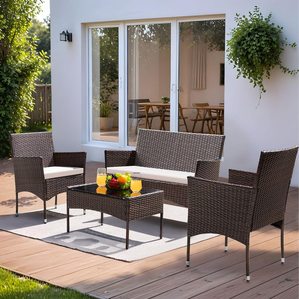 Greesum Patio Furniture 4 Pieces Conversation Sets Outdoor Wicker Rattan Chairs Garden Backyard Balcony Porch Poolside