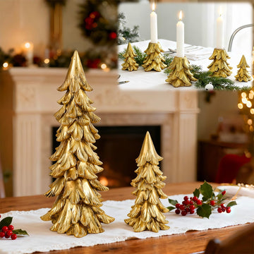 Christmas Table Decorations, Vintage Xmas Golden Resin Tree Candle Holders Set, Combined into Golden Tabletop Pine