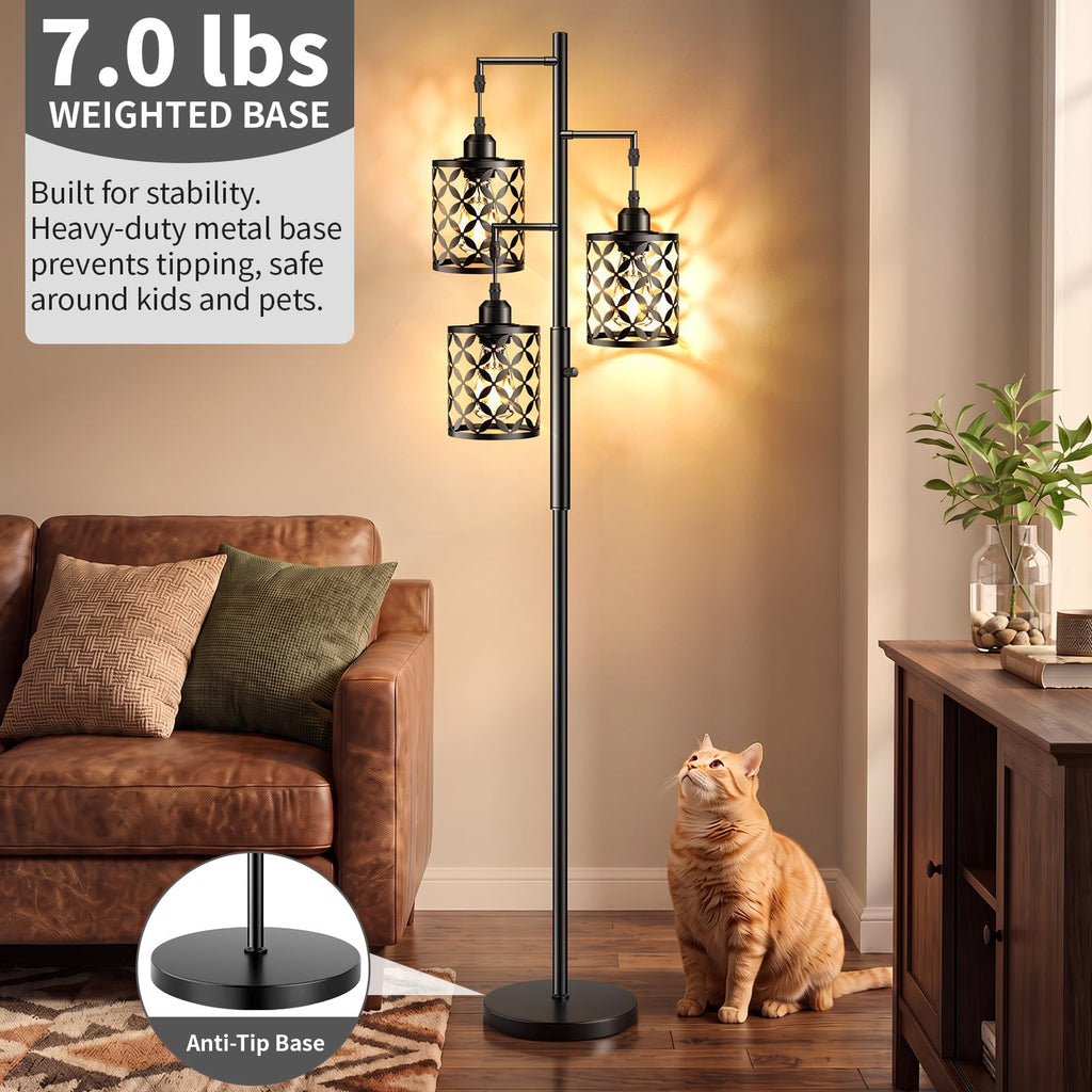 68" Industrial Tree Floor Lamp, Dimmable Farmhouse Tall Standing Lamp with Quatrefoil Cutout Shades & Rotary Dimmer