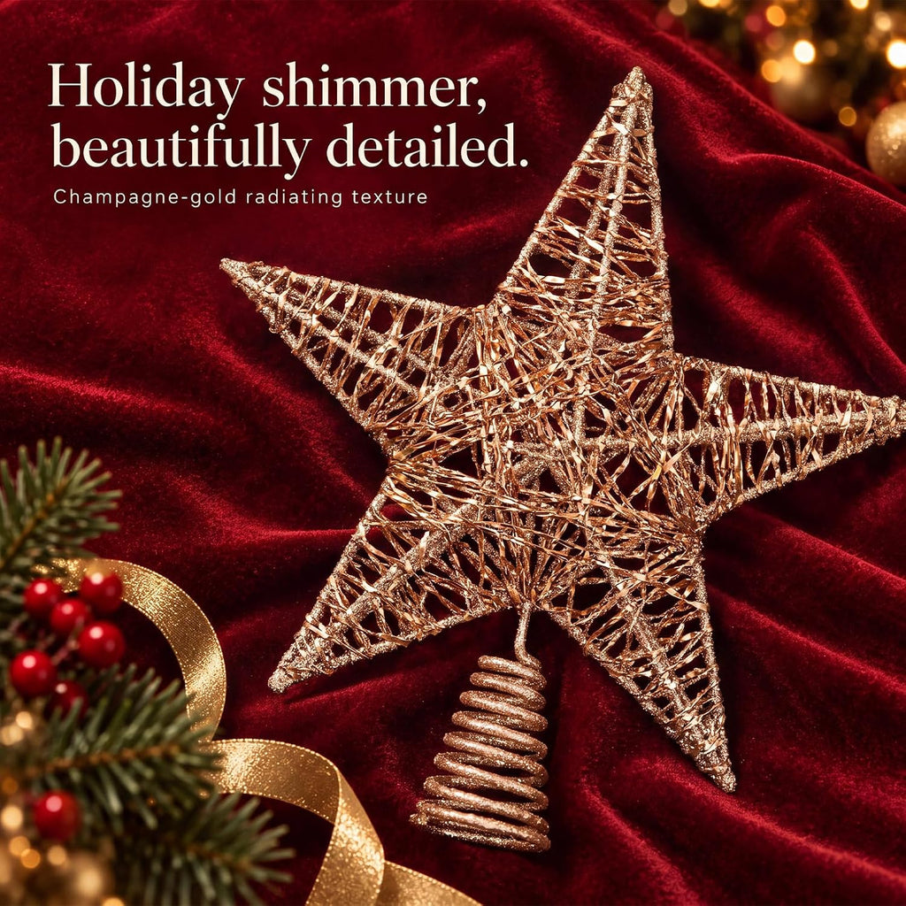10 Inch Champagne Star Christmas Tree Gold Topper Hollow Glitter