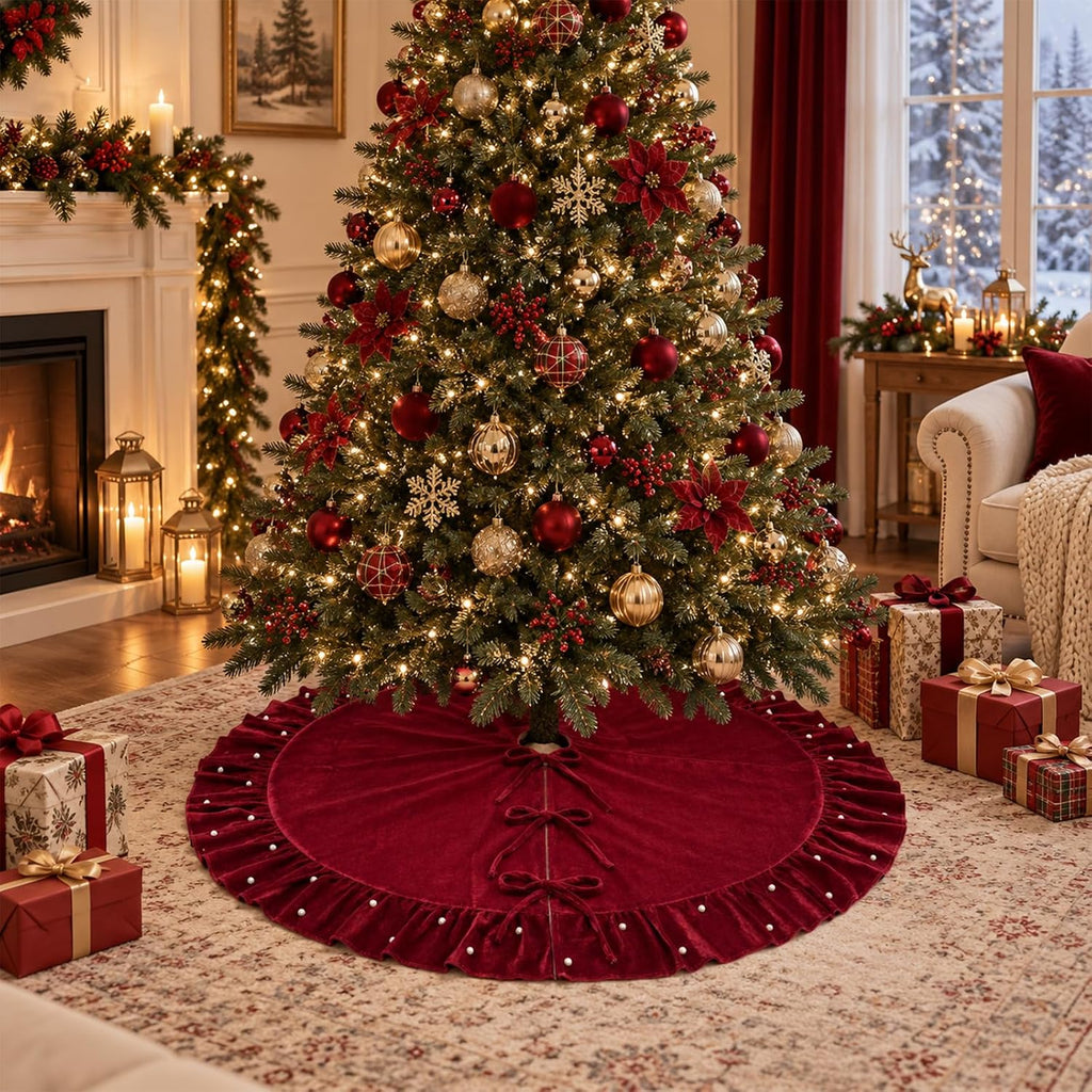 Christmas Velvet Tree Skirt 60 Inch, Wine Red Burgundy Xmas Tree Skirt with Pearl Beaded Ruffle Trim and 3 Bow Ties