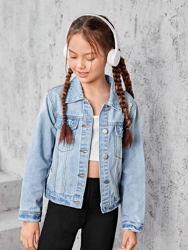 Girl's Jean Jacket Ripped Flap Button Front Collared Denim Jackets