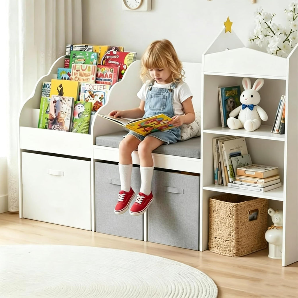 Kids Bookshelf with Reading Nook & Toy Storage, 4 Cube Bookcase with 4-Tier Book Racks, 3 Movable Fabric Drawers and