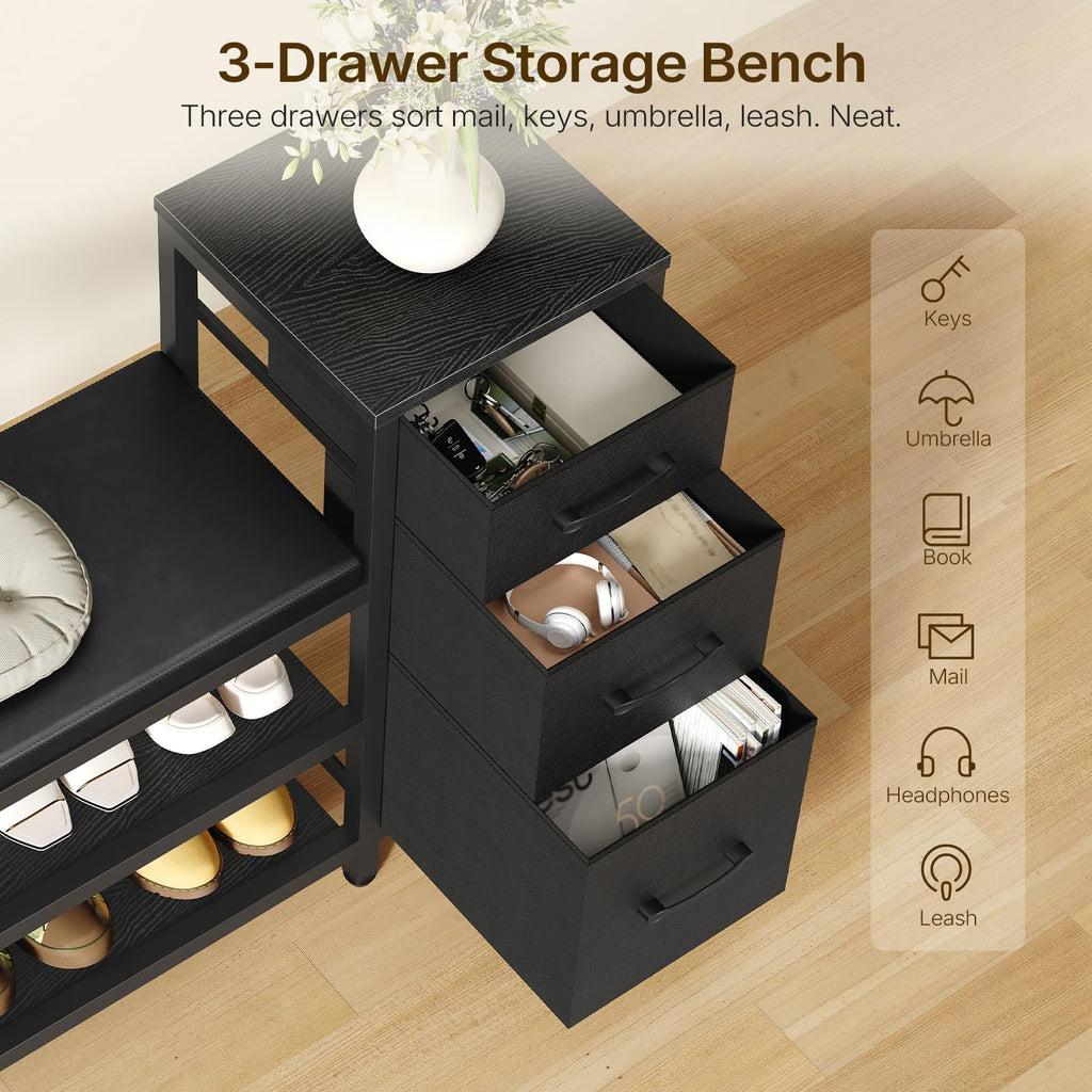 Entryway Bench with Shoe Storage, 3-Tier Shoe Rack Bench with Wooden Shelves and 3 Non-Woven Drawers, PU Padded Shoe