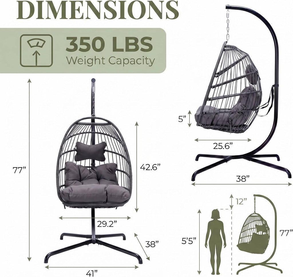 Foldable Outdoor with Stand & Cover, Dark Grey | 350 lbs Heavy Duty, PE Wicker, Foldable, Hanging Hammock Chair with