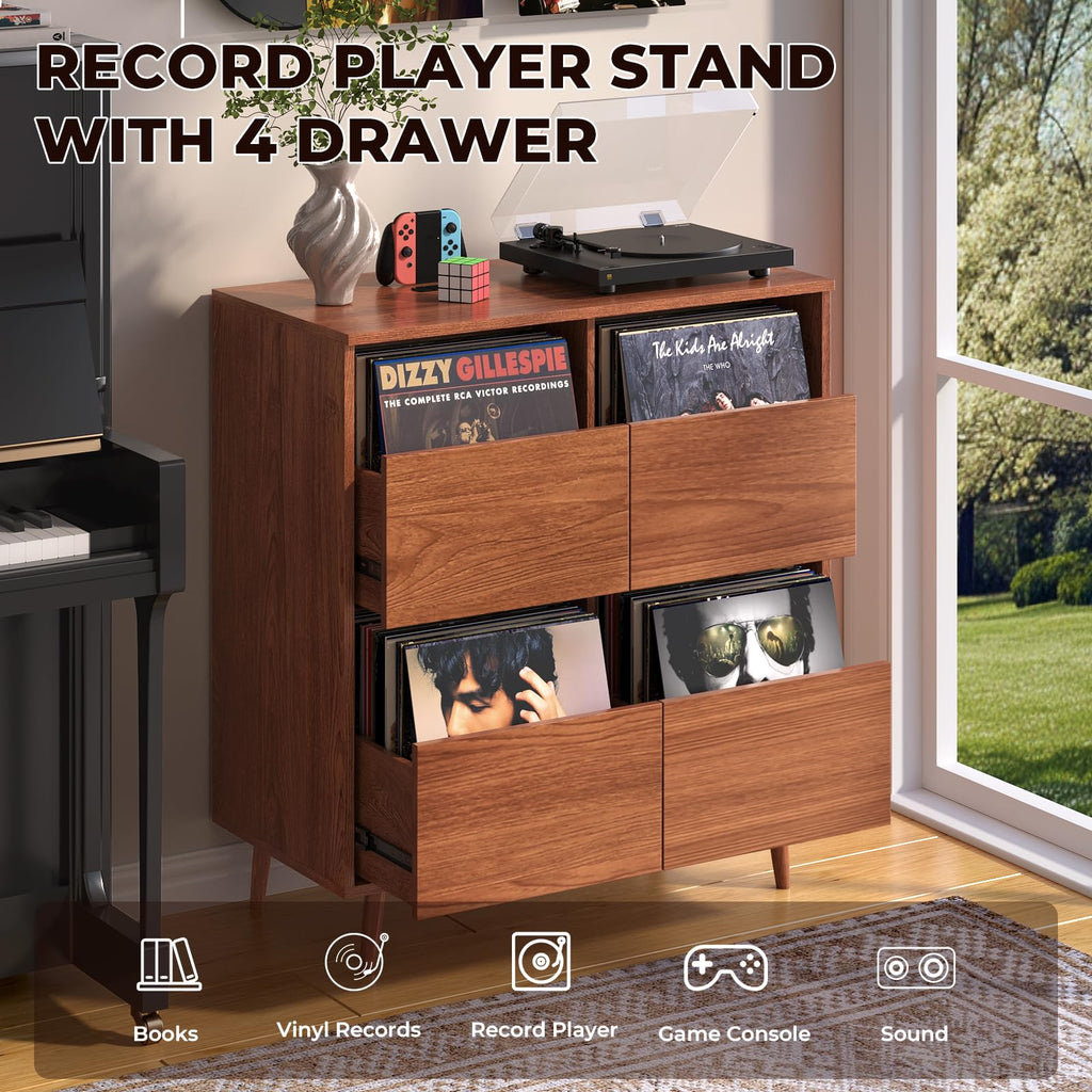 Record Player Stand with Vinyl Storage, Mid-Century, Brown