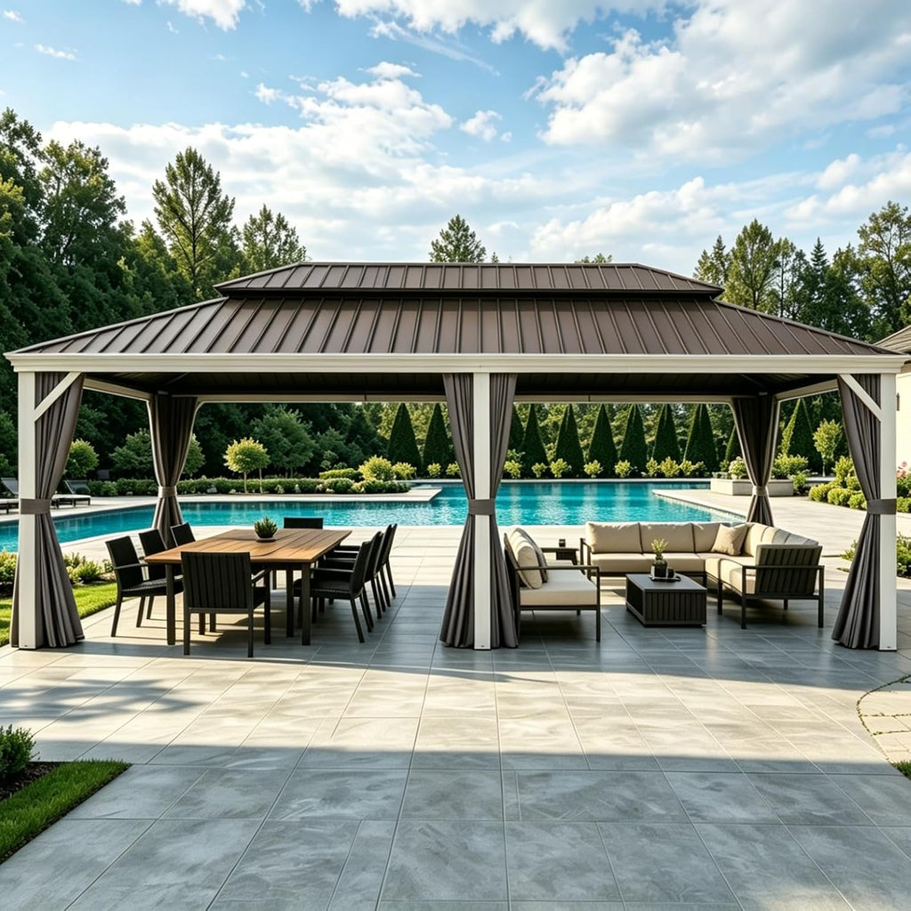 14' X 24' Hardtop Gazebo with Double Galvanized Steel Roof Awning and Upgrade Curtain and Garden, Grey