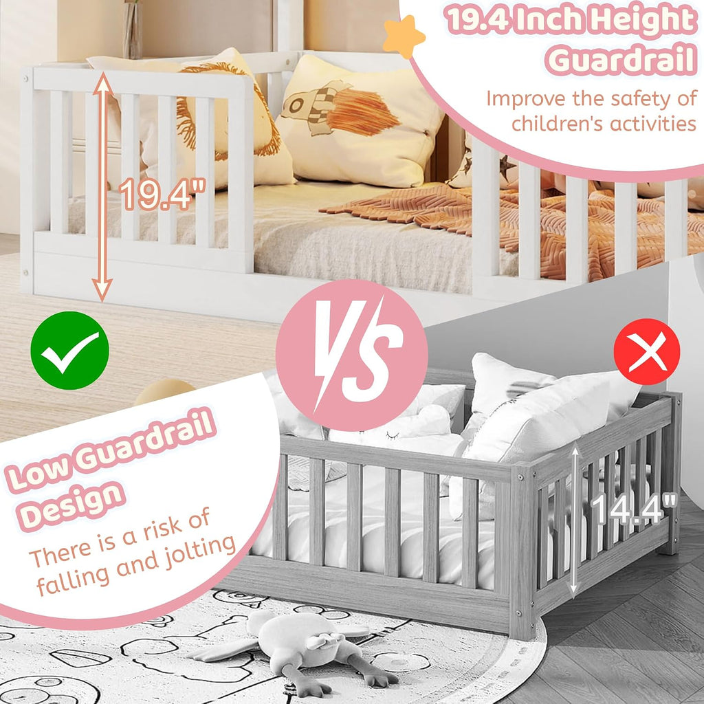 Montessori House Floor Bed with High Rails and LED Light, White