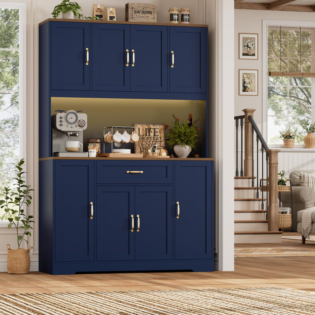 70" H LED Kitchen Pantry Cabinet, Hutch with Charging Station, Blue